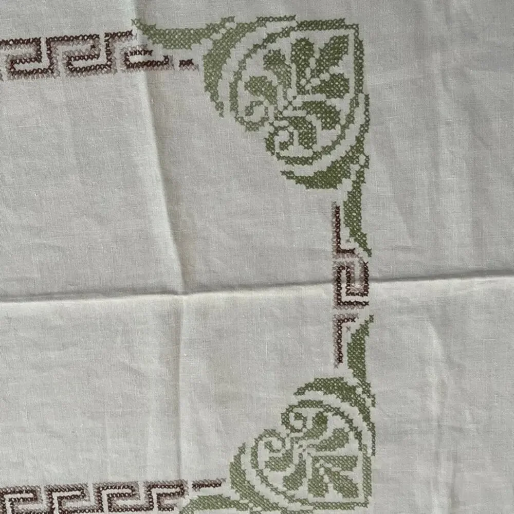 Vintage Beige Linen Tablecloth 73 x 56 Cross-stitch Embroidery Greek Key Border